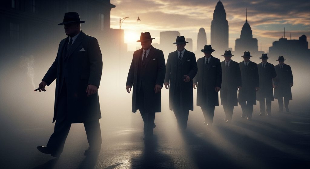 Mafia Aesthetic Wallpaper Background Dark & Powerful HD Backdrops 13 Final cinematic wallpaper scene of a mafia gang walking in the fog, city skyline in the distance, powerful and mysterious.