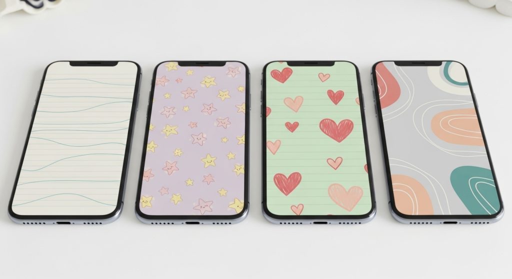 Top Aesthetic Wallpaper: Digital Notepad with Pastel Doodles 7 Four smartphones side by side, each showing a different variation of pastel doodle notepad wallpaper—minimal lines, cute stars, playful hearts, and abstract swirls.