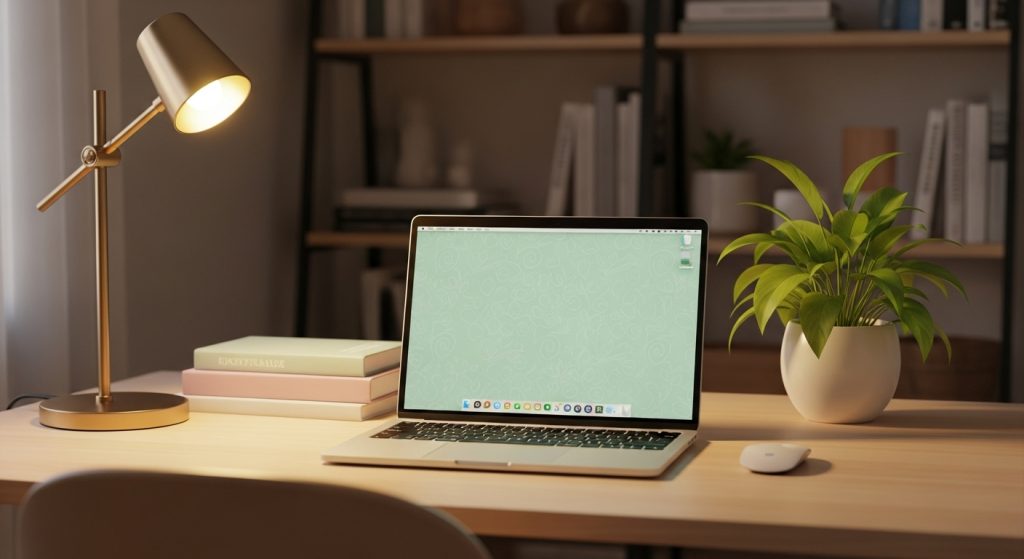 Pastel Green Aesthetic Wallpapers Calm & Minimal iPhone Backgrounds 7 A peaceful desk setup with a laptop, pastel green wallpaper on screen, soft lighting, and a plant beside it.