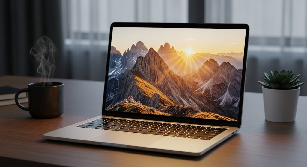 Brings Outdoor Serenity to Your Digital Space: Aesthetic Wallpapers 2 Laptop showing aesthetic wallpaper of a sunrise bringing outdoor serenity to a digital space.