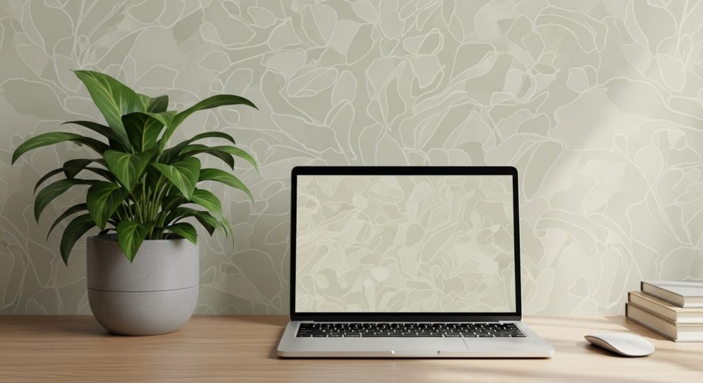 Aesthetic Mindful Living Wallpaper: A Digital Path to Calm 10 Laptop with aesthetic mindful living wallpaper in productive workspace.