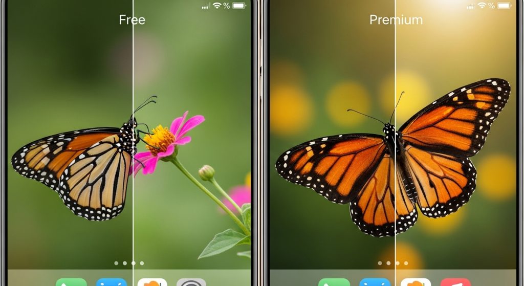 Beautiful Butterfly Aesthetic Wallpapers for iPhone Lovers 9 A side-by-side comparison of a free butterfly wallpaper vs. a premium ultra-HD butterfly wallpaper on iPhones.