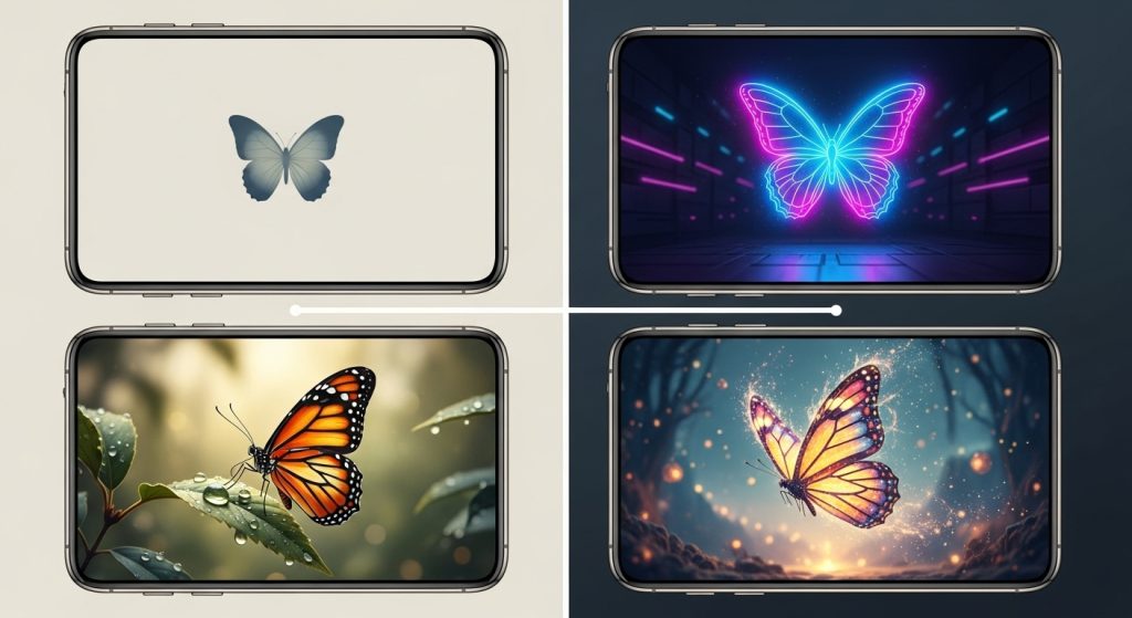 Beautiful Butterfly Aesthetic Wallpapers for iPhone Lovers 5 A split-screen mockup of four iPhones, each showing a different style of butterfly wallpaper (minimal, neon, nature, fantasy).