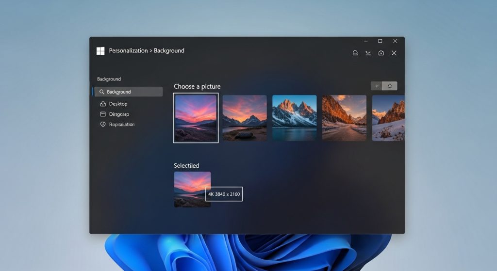 Aesthetic Wallpaper 4K for PC | Stunning Ultra HD Desktop Backgrounds 12 A tutorial-style mockup showing Windows wallpaper settings with a user selecting a 4K background.