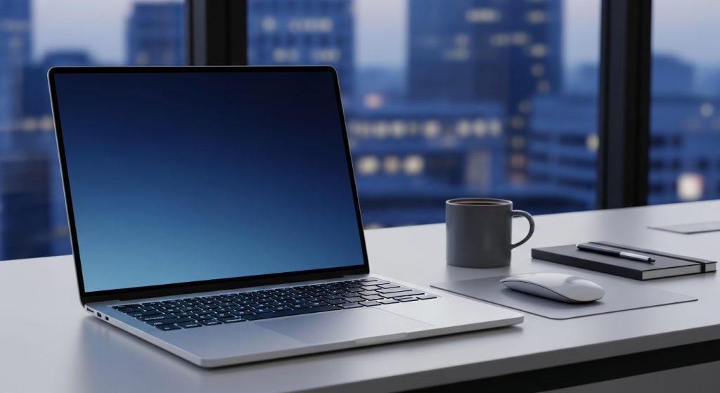 Aesthetic Wallpaper Background Man Bold & Stylish HD Looks 9 aptop on a modern desk with a gradient dark blue wallpaper displayed in a corporate setting.