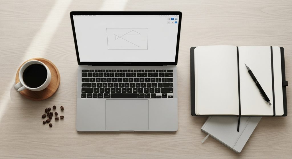 Aesthetic Wallpaper Background for Mac Minimal & HD Stylish Backdrops 5 Flat-lay of a MacBook Air with a white minimalist wallpaper surrounded by coffee and notebooks.