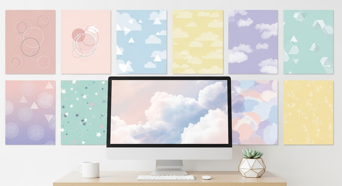 Minimal and cute aesthetic wallpaper backgrounds for PC in HD, featuring soft pastel tones and clean modern designs on a desktop screen.