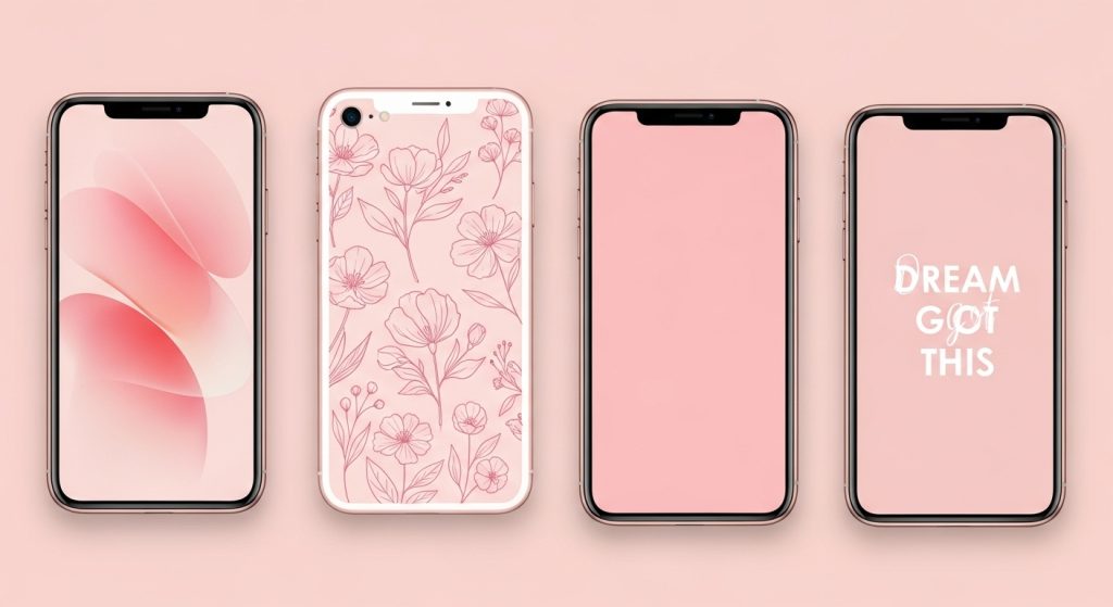 Pastel Pink Aesthetic Wallpapers Soft & Minimal Backgrounds for iPhone 5 Collage of four iPhone mockups with different pastel pink wallpapers: abstract gradient, flower design, minimalist flat pink, and motivational text.