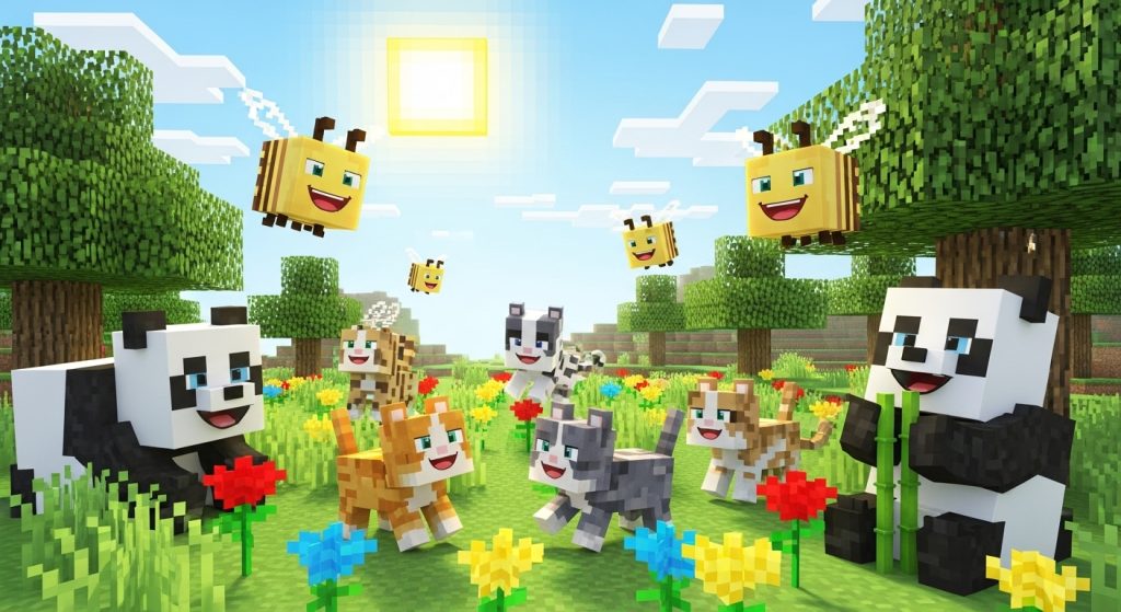 Minecraft Aesthetic Wallpaper Background Cool HD Pixel Art Backdrops 10 A cheerful Minecraft wallpaper with smiling bees, cats, and pandas near a flower meadow.