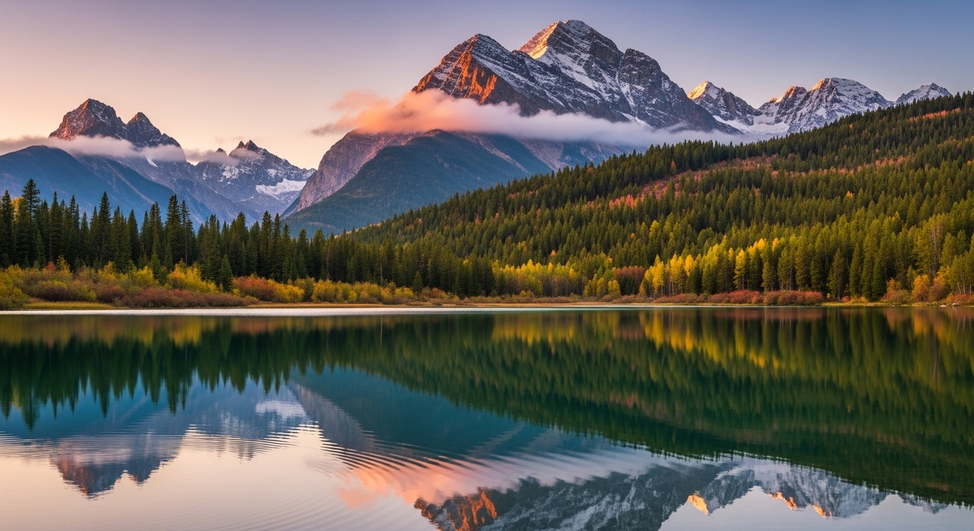 : Aesthetic wallpaper background landscape with stunning HD scenery of mountains, forest, and lake, perfect for desktop and mobile screens.