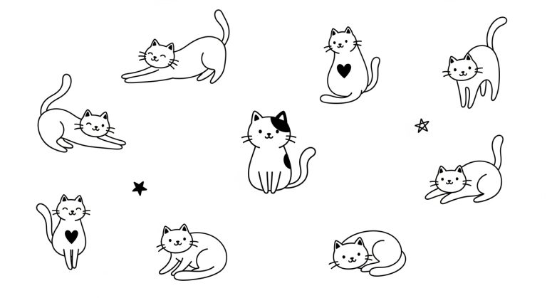 “Minimal white background wallpaper with simple doodle cats drawn in black lines, creating a clean and cute aesthetic for screens.”