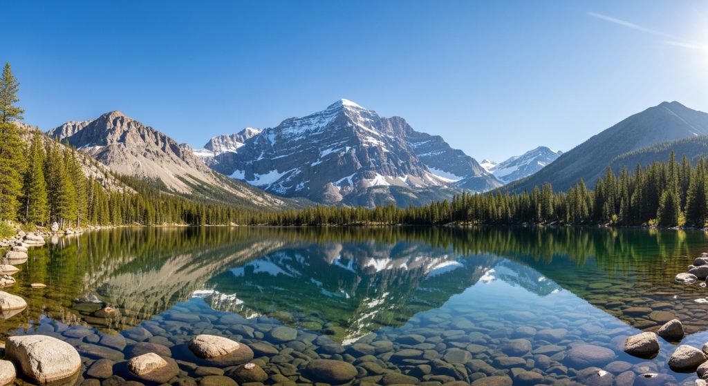  A serene mountain wallpaper showing a crystal-clear lake reflecting snow-capped peaks under a bright blue sky.