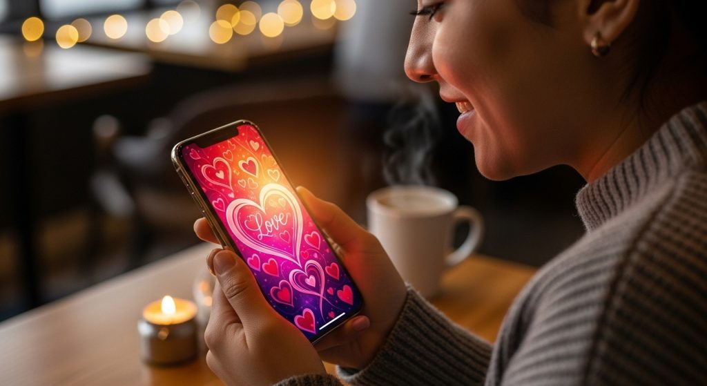 Download Free Aesthetic Love Wallpapers for iPhone Backgrounds 11 A person holding an iPhone with a glowing love-themed wallpaper, looking happy and relaxed in a cozy café setting.