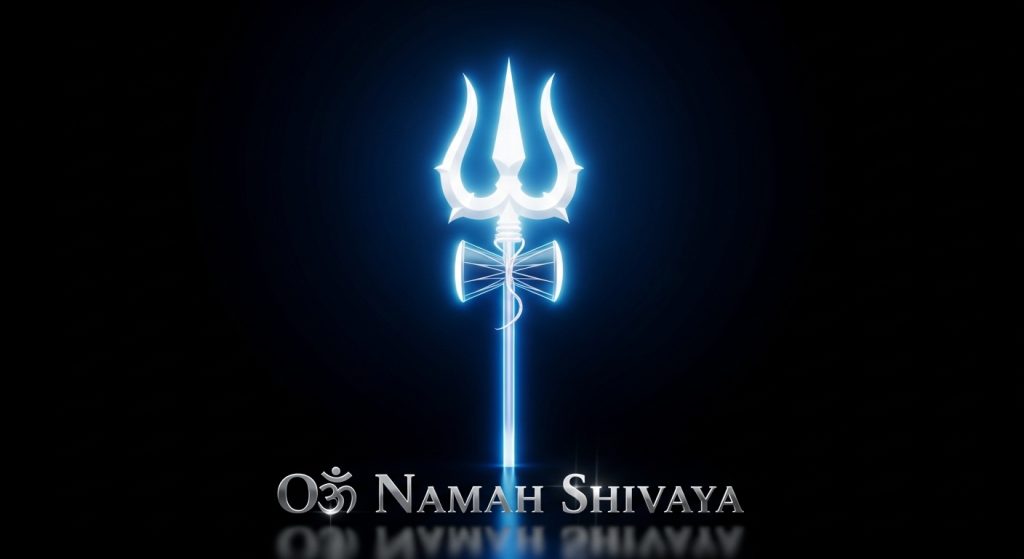 Aesthetic Wallpaper Background Mahadev HD Spiritual Backdrops 9 Black background with a glowing Trishul in the center and “Om Namah Shivaya” in silver text below.