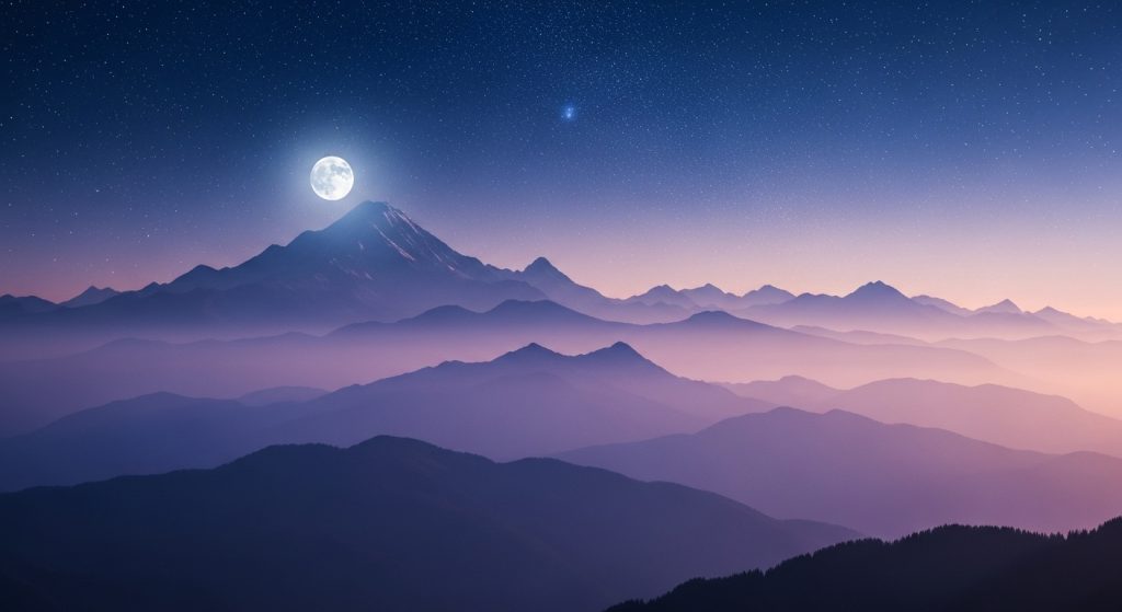  A dreamy wallpaper of layered mountain silhouettes fading into the horizon with a starry night sky above.