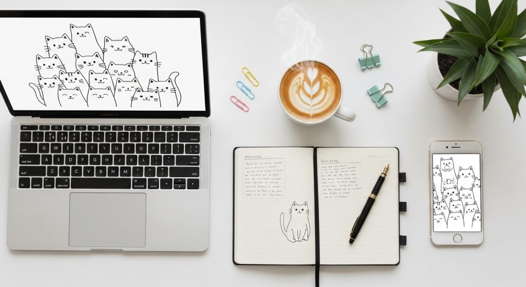 White Background with Doodle Cats: A Minimal Aesthetic for Cat Lovers 10 Flat lay of stationery, coffee, and multiple devices (laptop + phone) displaying doodle cat wallpapers on white backgrounds, cozy and aesthetic, realistic, 2:3 ratio.