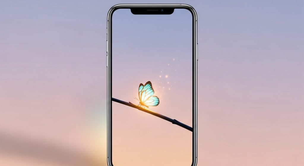 Beautiful Butterfly Aesthetic Wallpapers for iPhone Lovers 2 : A minimal iPhone wallpaper mockup with a glowing butterfly perched on a branch, soft pastel background, high-resolution HD aesthetic.