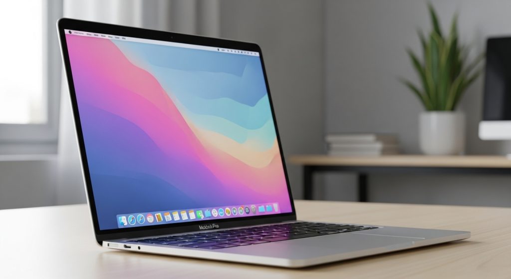 Aesthetic Wallpaper Background for Mac Minimal & HD Stylish Backdrops 3 Side view of a MacBook Pro with a modern, pastel gradient wallpaper in a clean minimal office.