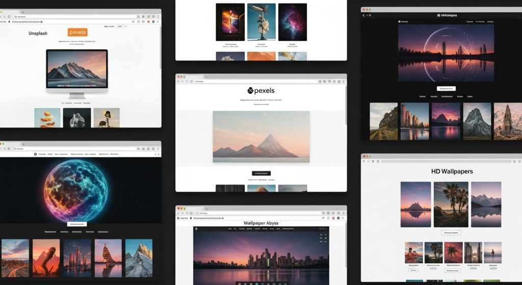 Aesthetic Wallpaper Background for Mac Minimal & HD Stylish Backdrops 12 t: Screenshot collage of popular wallpaper websites with Mac wallpapers displayed.