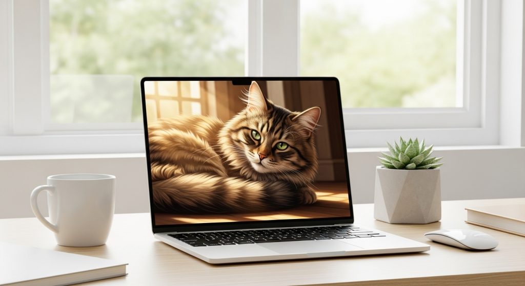 Style Your Screen with Aesthetic Brown Cat Wallpapers 10 Modern laptop with brown cat wallpaper in minimal workspace.”