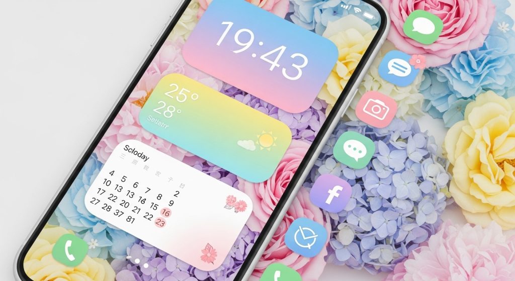 Aesthetic Flower Wallpapers Best Floral Backgrounds for iPhone & Android 12 Phone screen setup showing flower wallpaper with pastel-colored widgets and matching app icons.