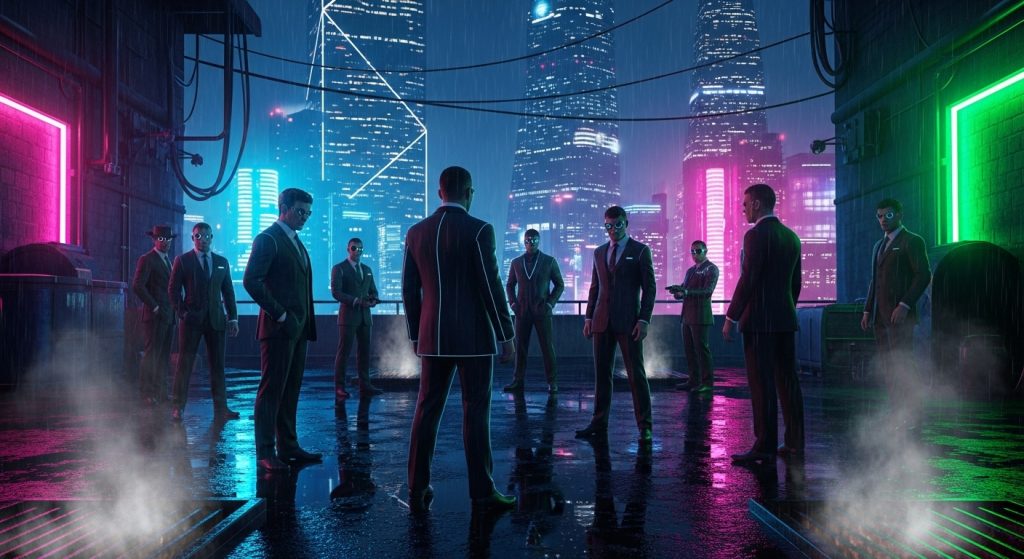 Mafia Aesthetic Wallpaper Background Dark & Powerful HD Backdrops 10 Modern digital art wallpaper of a mafia gang standing under neon city lights with a futuristic noir vibe.
