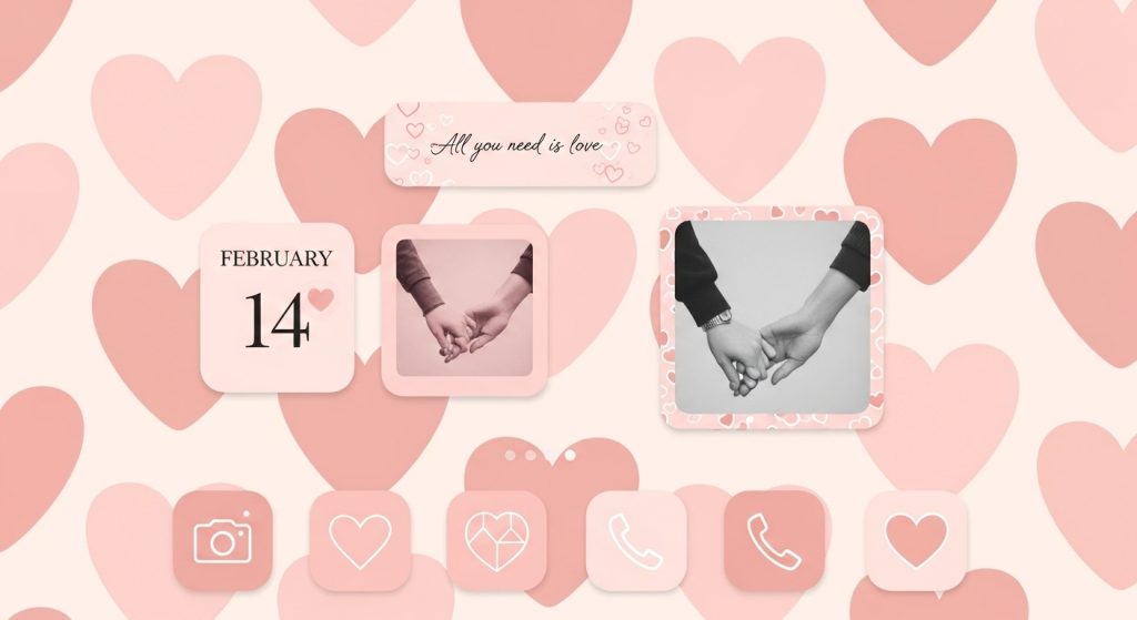 Download Free Aesthetic Love Wallpapers for iPhone Backgrounds 10 An iPhone home screen setup with a customized pastel pink heart wallpaper, matching app icons, and elegant love-themed widgets.