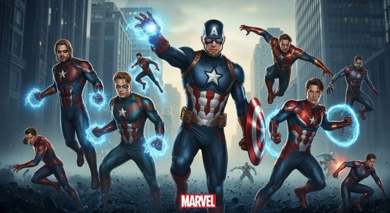 Epic Marvel aesthetic wallpaper background in HD featuring iconic superheroes in dynamic action poses, glowing powers, and a dramatic cinematic city backdrop.