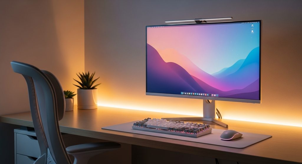 Aesthetic Wallpaper Backgrounds for PC – Minimal, Cute & HD Designs 2 A minimal, modern PC setup with a glowing aesthetic wallpaper in soft tones, cozy workspace vibes.