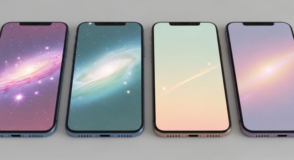 Top Aesthetic Wallpaper Ideas: Galaxy Sky with Pastel Stars 7 Four smartphones displayed together, each with a different pastel galaxy wallpaper ranging from bold star clusters to soft minimal skies.