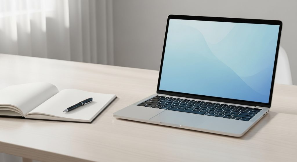 A laptop on a clean desk with a notebook and pen, showing a minimalist wallpaper with soft light blue tones.