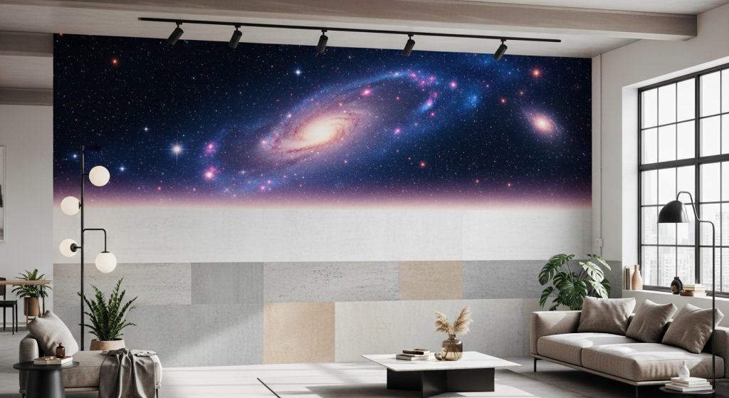 Meaningful Aesthetic Wallpaper Backgrounds Inspiring & Minimal HD Backdrops 11 Modern loft with mixed wallpaper design, half featuring minimalist textures and half a starry night sky, creating a harmony of style and meaning.