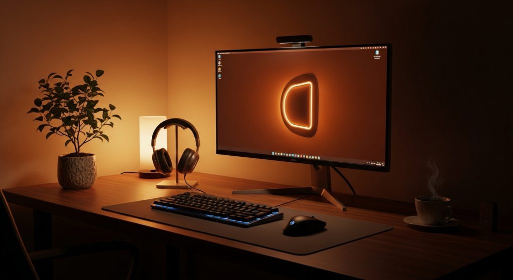 Brown Aesthetic Wallpapers for PC | Warm & Minimal Desktop Backgrounds 11 : A side-view shot of a PC desk with warm ambient lighting and a glowing brown wallpaper on the screen.