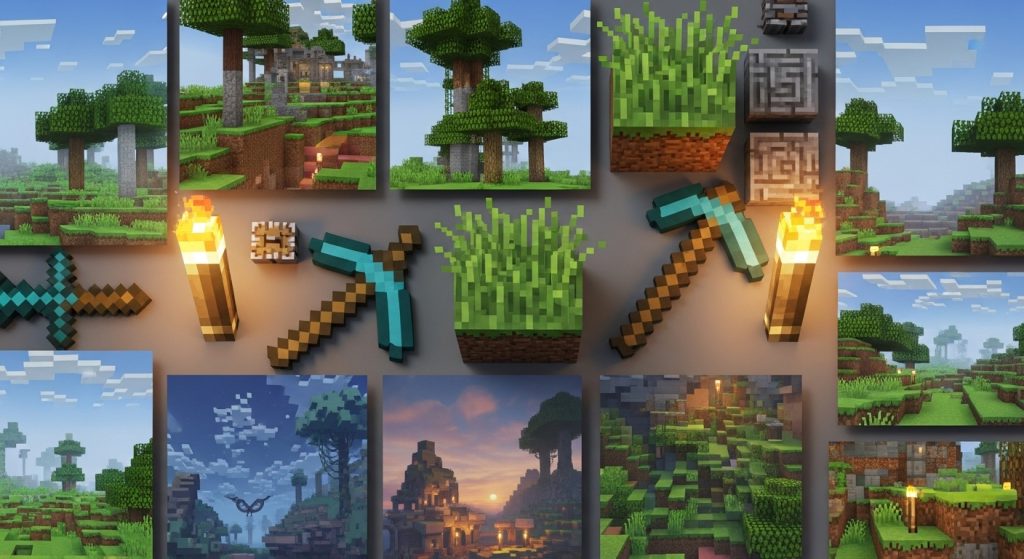 Minecraft Aesthetic Wallpaper Background Cool HD Pixel Art Backdrops 3 A flat-lay design of Minecraft wallpapers with grass blocks, tools, and torches as decorative elements in pixel art style.