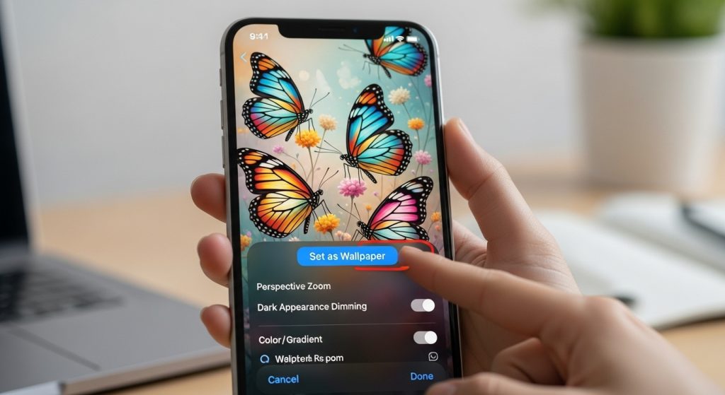 Beautiful Butterfly Aesthetic Wallpapers for iPhone Lovers 10 A tutorial-style image showing an iPhone screen with the wallpaper settings open, butterfly background applied.