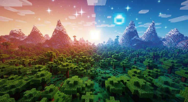 Minecraft aesthetic wallpaper background featuring vibrant HD pixel art landscapes with blocky mountains, trees, and glowing skies, perfect for cool gaming backdrops.