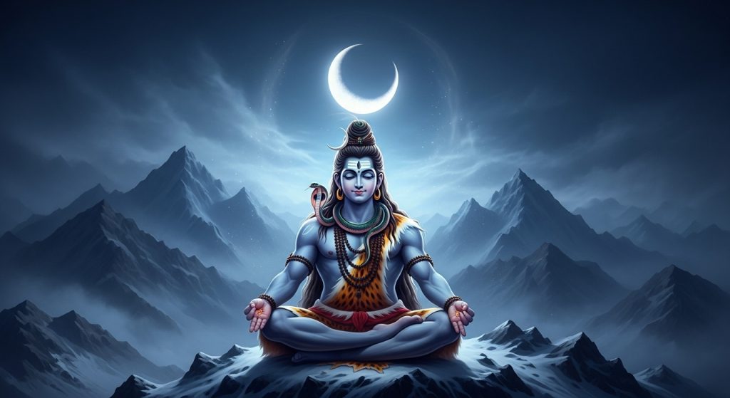 Aesthetic Wallpaper Background Mahadev HD Spiritual Backdrops 2 A dark blue HD background with Lord Shiva meditating under the Himalayas, glowing crescent moon above, with smoky mountains in the backdrop.