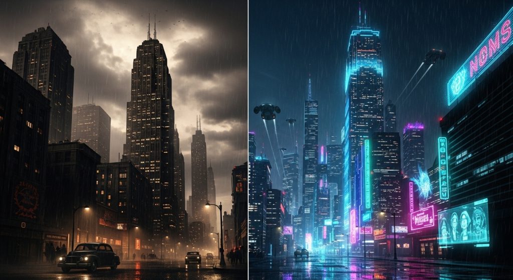 Mafia Aesthetic Wallpaper Background Dark & Powerful HD Backdrops 8 Dual-screen desktop wallpaper showing a mafia city skyline fading into neon lights with noir aesthetics.