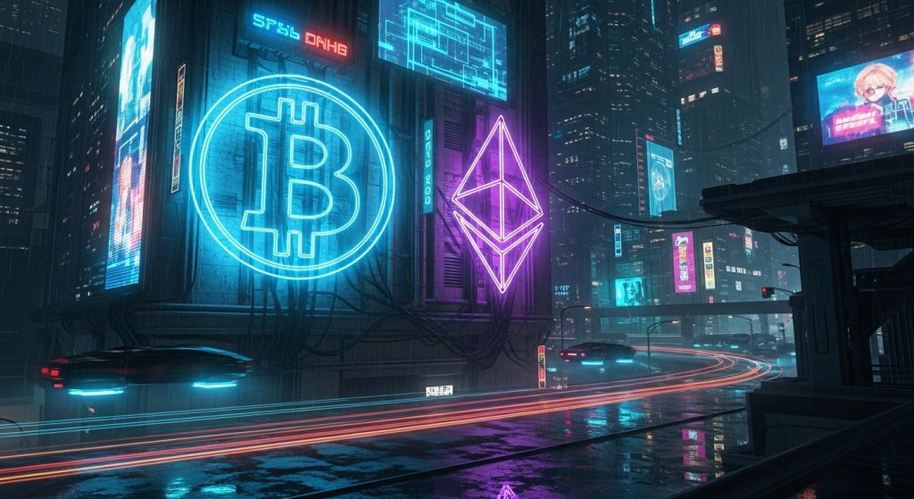 Money Aesthetic Wallpaper Background Luxury & Wealth Vibes in HD 5 A cyberpunk-style wallpaper with Bitcoin and Ethereum symbols glowing like neon lights.