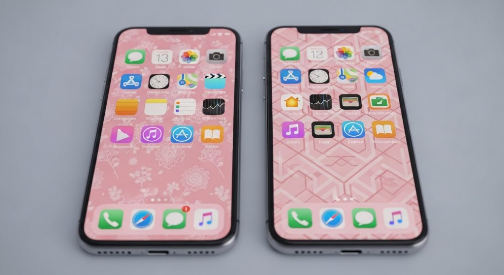 Pastel Pink Aesthetic Wallpapers Soft & Minimal Backgrounds for iPhone 11 Image Prompt: Side-by-side iPhones showing app icons on different pastel pink wallpaper backgrounds for comparison.