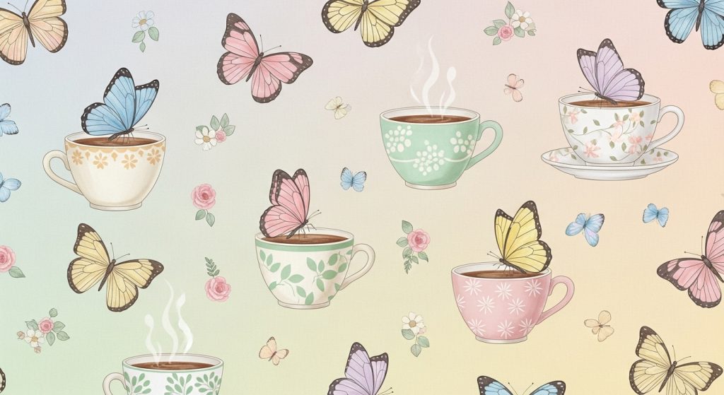 Elegant girly wallpaper design featuring pastel tones, butterflies, and a cozy coffee cup aesthetic.