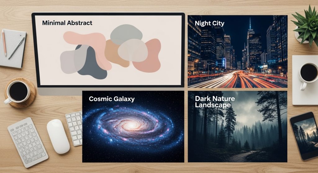 Dark Aesthetic Wallpaper Backgrounds for PC | Minimal & Stylish Desktop Designs 9 A flat-lay of different wallpaper categories on a screen: minimal abstract, night city, cosmic galaxy, and dark nature landscape.