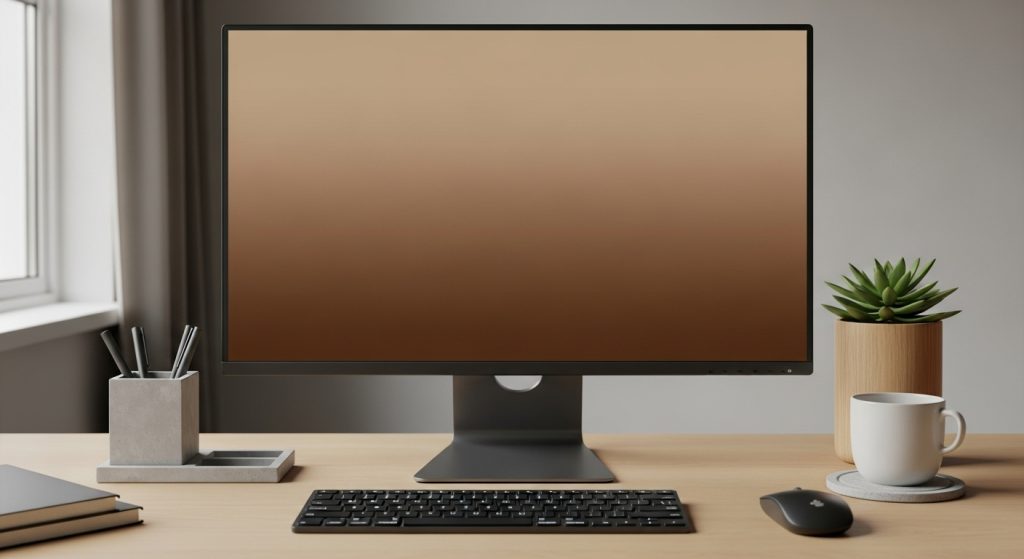 Brown Aesthetic Wallpapers for PC | Warm & Minimal Desktop Backgrounds 4 A sleek PC monitor showing a minimal brown gradient wallpaper with neutral desk accessories.