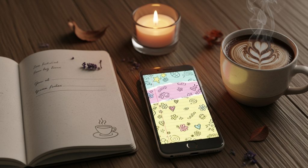 Top Aesthetic Wallpaper: Digital Notepad with Pastel Doodles 10 Cozy flat lay with a glowing phone showing pastel doodle notepad wallpaper, next to a journal, coffee, and a candlelit background.