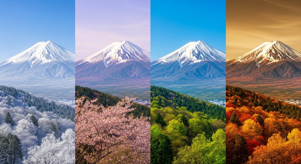  Four-panel aesthetic wallpaper showing the same mountain in different seasons: winter snow, spring bloom, summer greenery, and autumn colors.