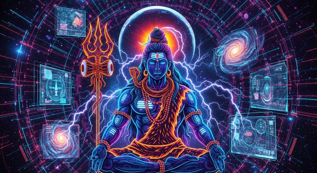 Aesthetic Wallpaper Background Mahadev HD Spiritual Backdrops 5 t: A neon cyberpunk-style digital art of Mahadev with glowing outlines, surrounded by cosmic patterns.