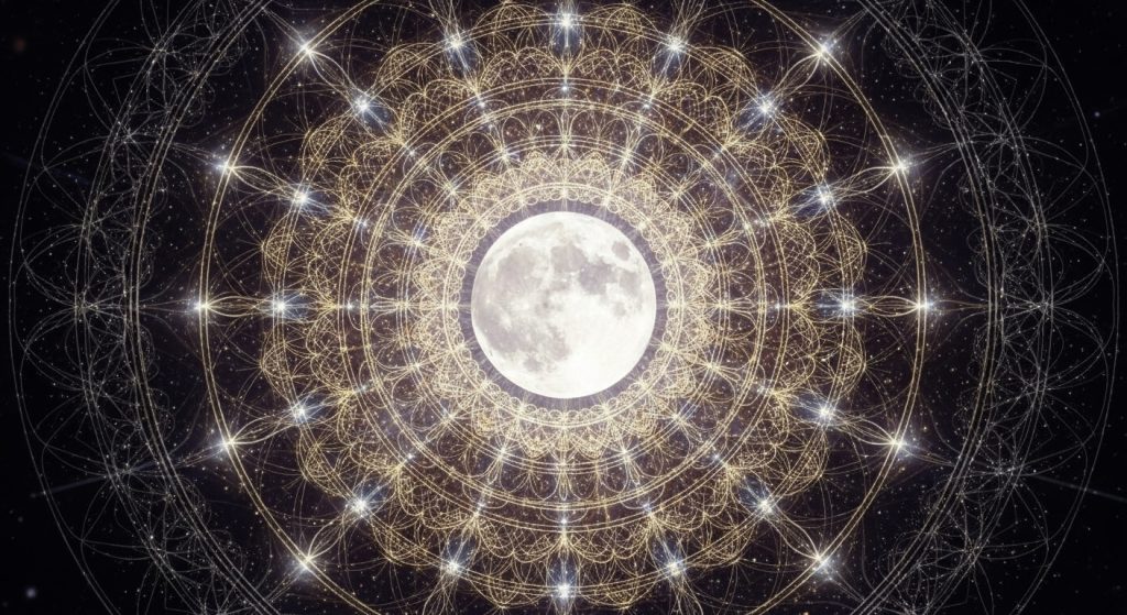 Aesthetic Wallpaper Background Moon Dreamy HD Night Sky Backdrops 7 Glowing full moon with intricate mandala patterns surrounding it, creating a spiritual wallpaper with mystical and calming energy.