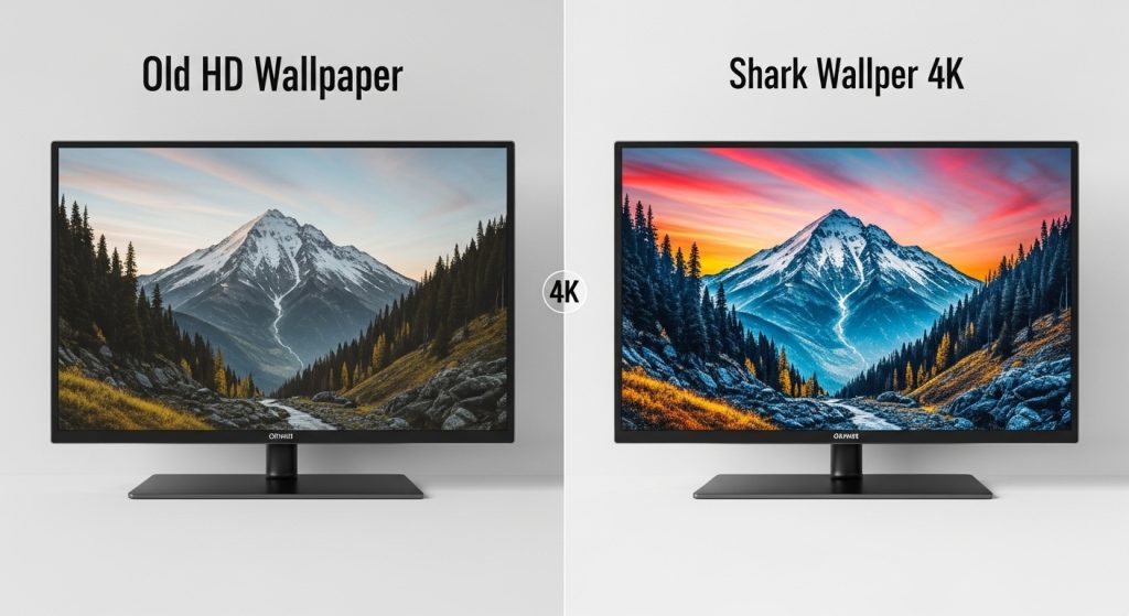Aesthetic Wallpaper 4K for PC | Stunning Ultra HD Desktop Backgrounds 3 Split comparison of old HD wallpaper vs. vibrant 4K wallpaper on dual screens, highlighting sharp details.