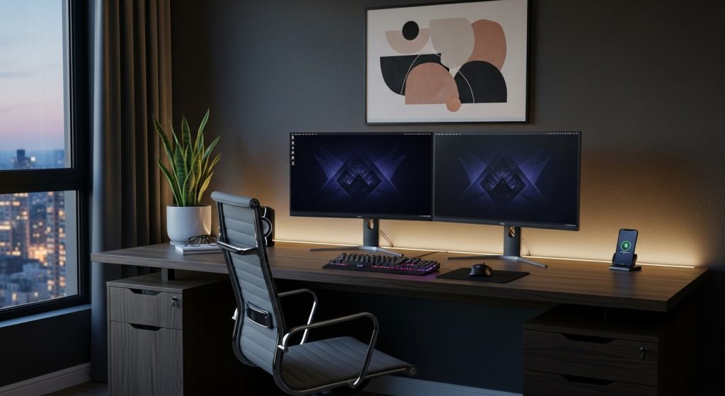 Dark Aesthetic Wallpaper Backgrounds for PC | Minimal & Stylish Desktop Designs 8 A stylish office setup with dual monitors, both showing synchronized dark aesthetic wallpapers.