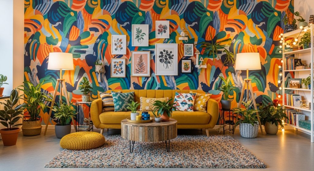 Aesthetic Wallpaper Background for Wall – Minimal & Stylish Room Decor Ideas 7 A vibrant living space with a colorful aesthetic wallpaper wall featuring abstract artistic patterns, cozy lighting, and playful décor.